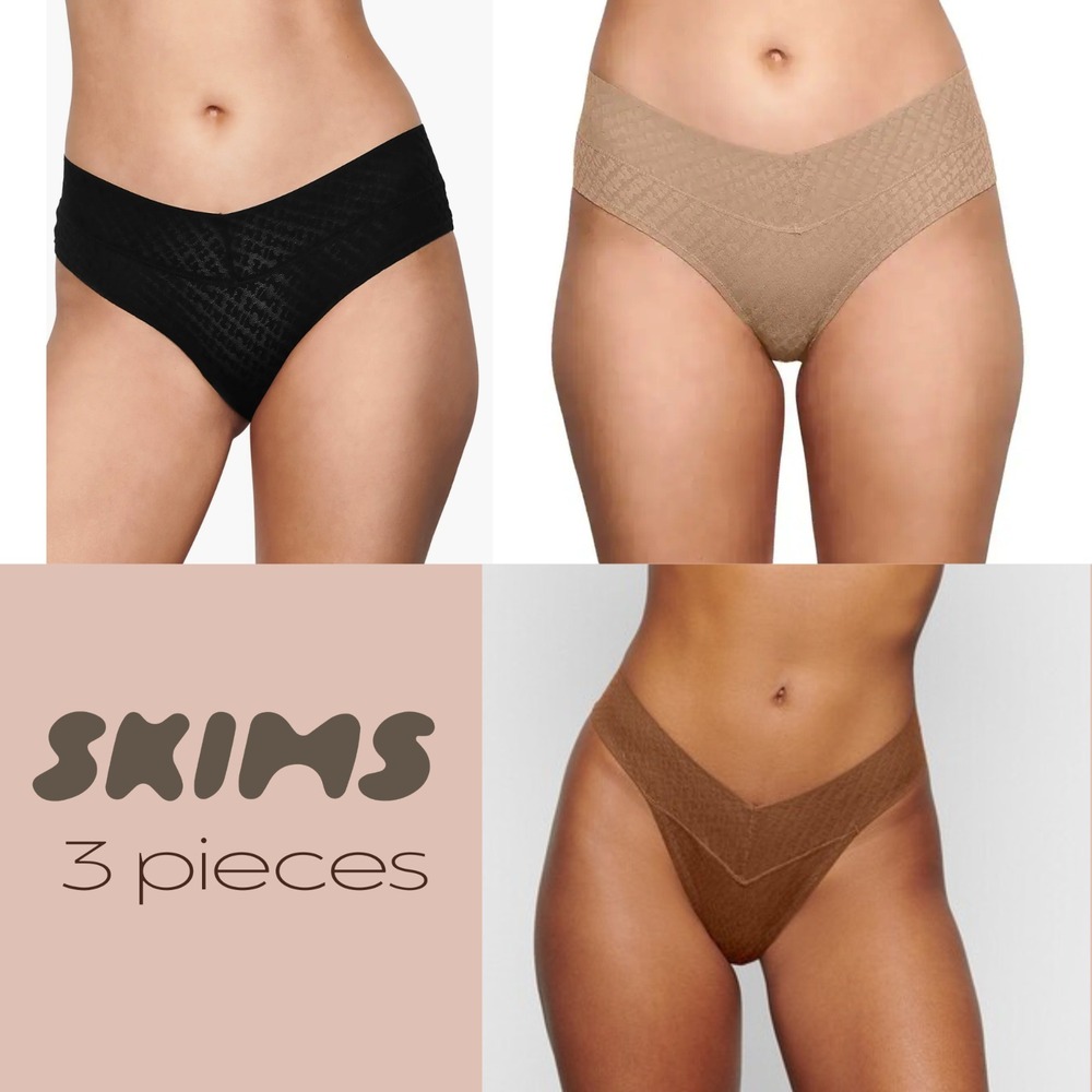 NWT SKIMS [ 3PC  4X ] Logo Mesh Hipster Briefs Onyx & Clay + Thong Caramel t2041